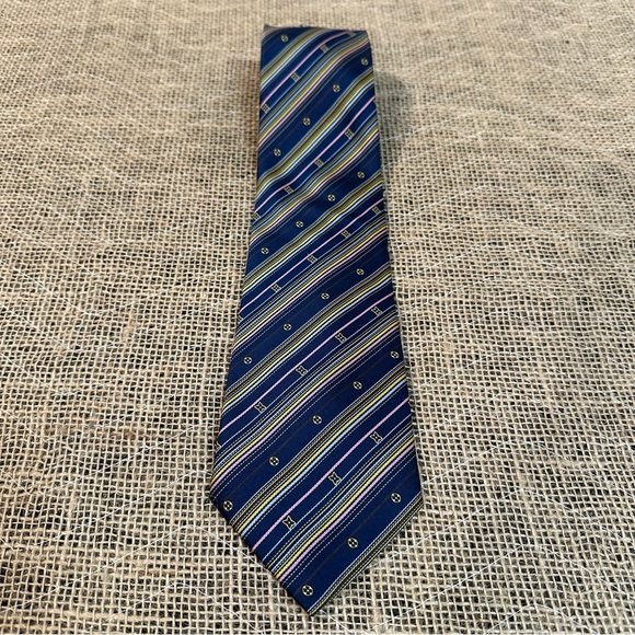Louis Vuitton Monogram Hand Made 100% Silk Blue Pink & Gold Striped Tie 4 X 55 - Picture 1 of 9